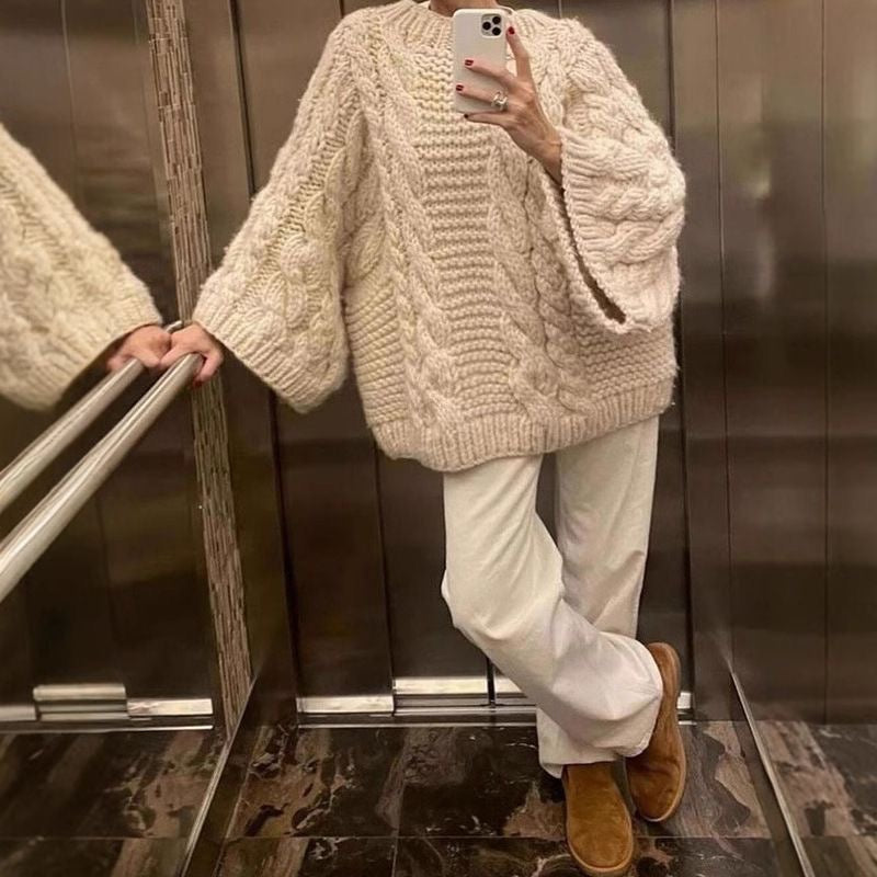 Casual Versatile Crew Neck Knitted Bell Sleeve Sweater
