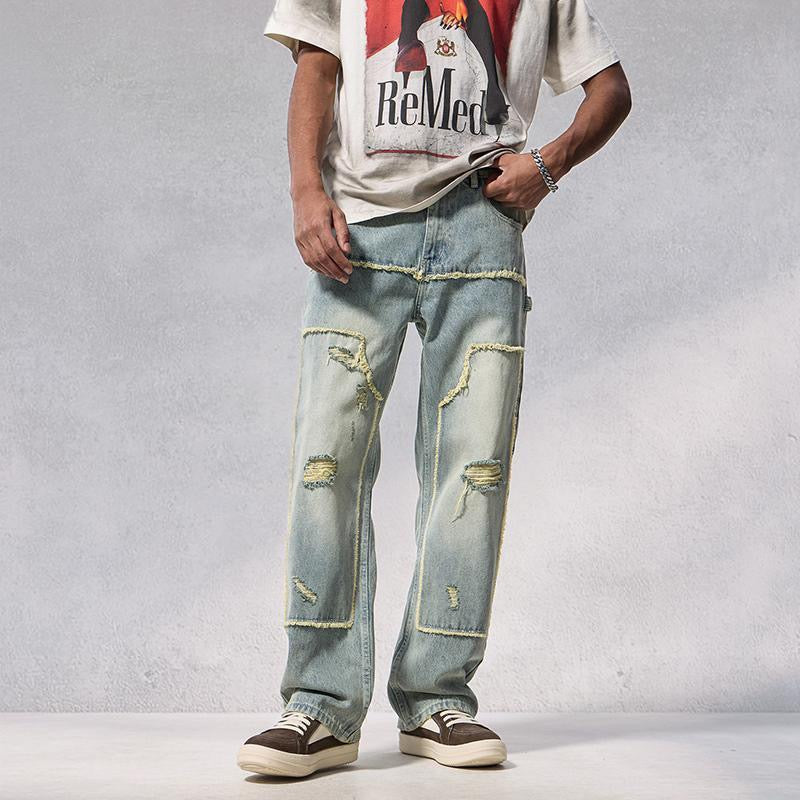 Retro style frayed patchwork ripped jeans