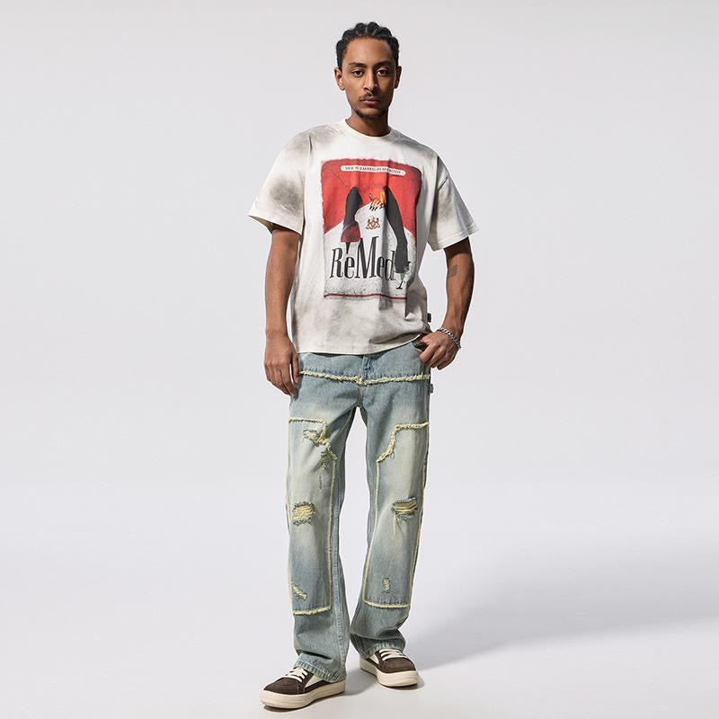 Retro style frayed patchwork ripped jeans