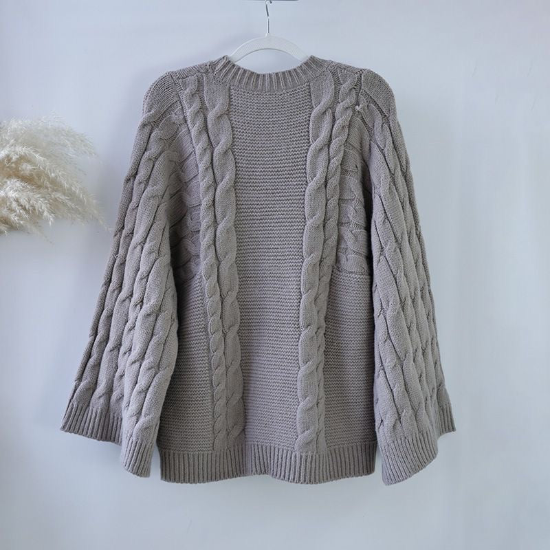 Casual Versatile Crew Neck Knitted Bell Sleeve Sweater
