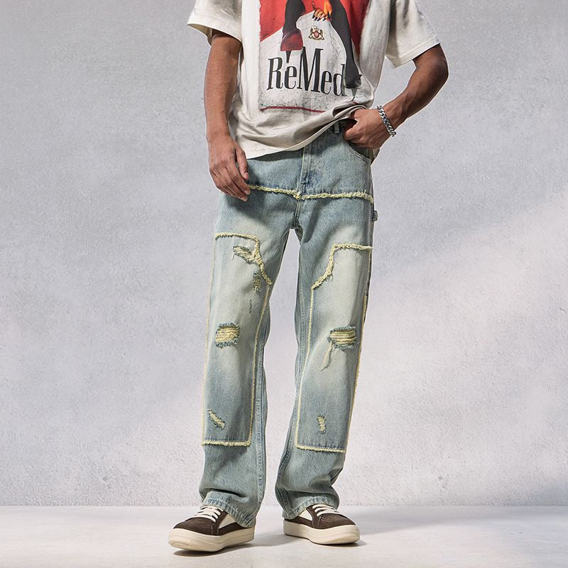 Retro style frayed patchwork ripped jeans