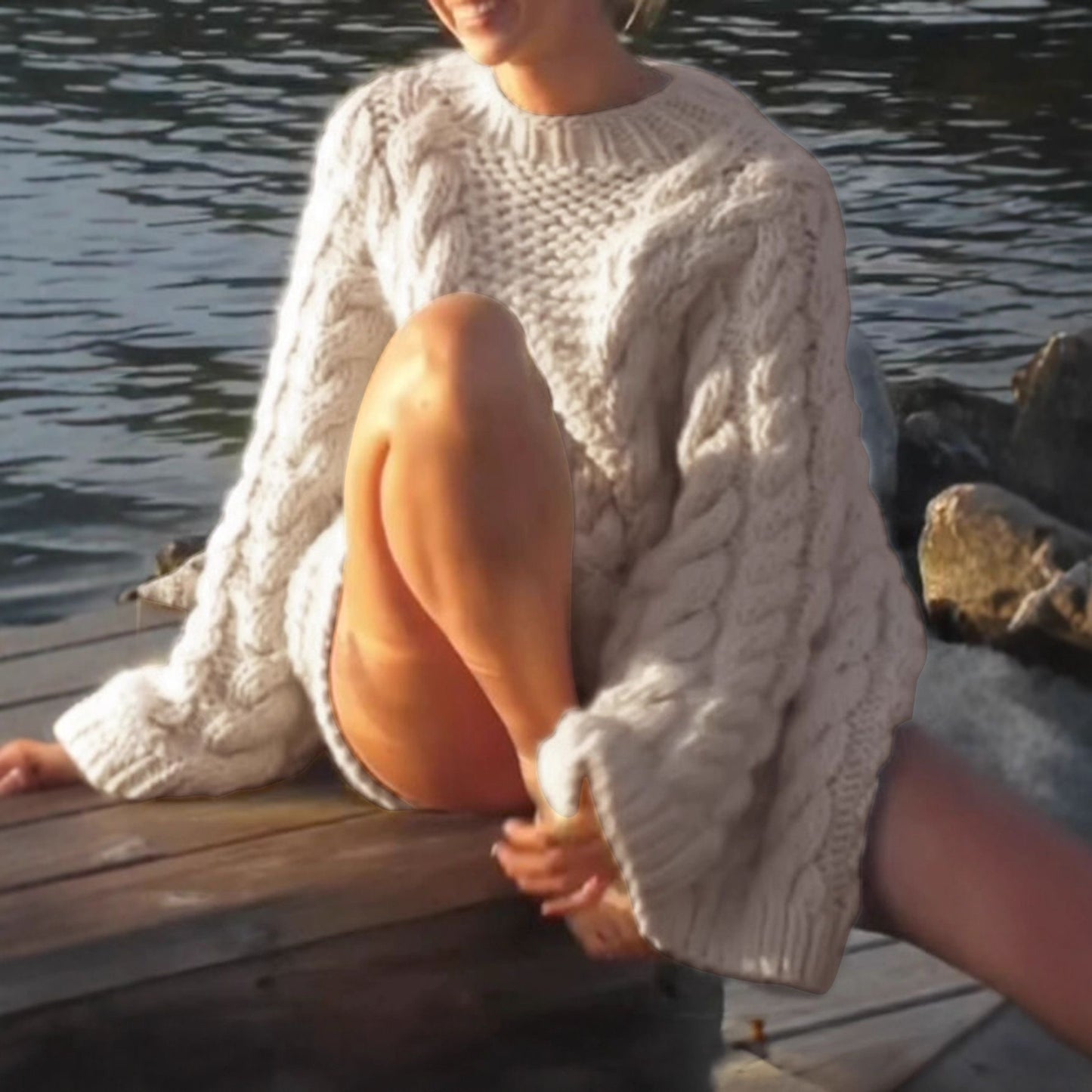 Casual Versatile Crew Neck Knitted Bell Sleeve Sweater