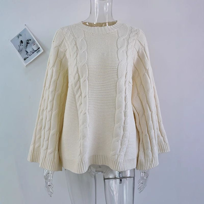 Casual Versatile Crew Neck Knitted Bell Sleeve Sweater
