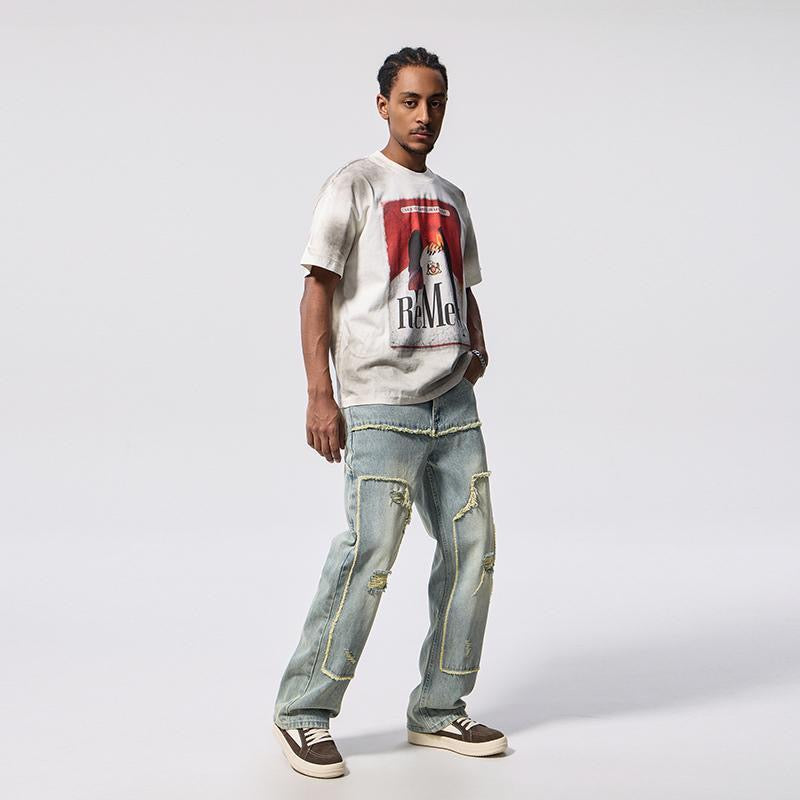 Retro style frayed patchwork ripped jeans