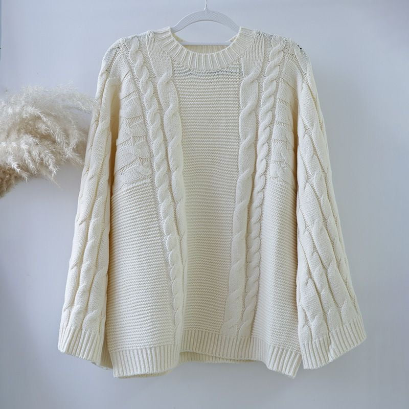 Casual Versatile Crew Neck Knitted Bell Sleeve Sweater