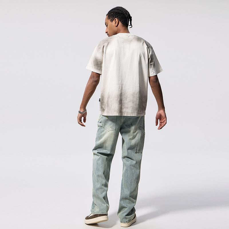 Retro style frayed patchwork ripped jeans